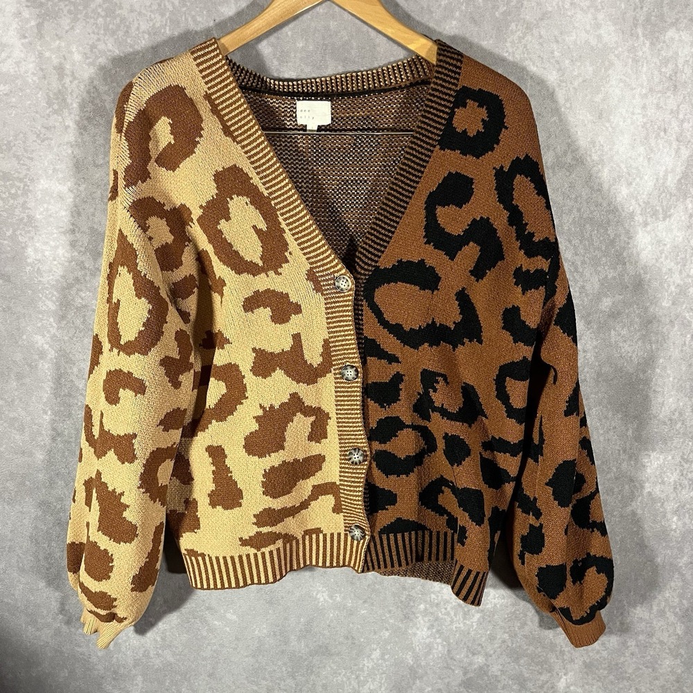 dee elly Cardigan Women Small Brown Leopard Colorblock Knit Button Animal Print